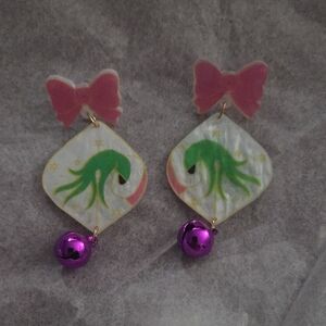 Pink Bow & Grinch Hand Dangle Earrings with Purple Bells